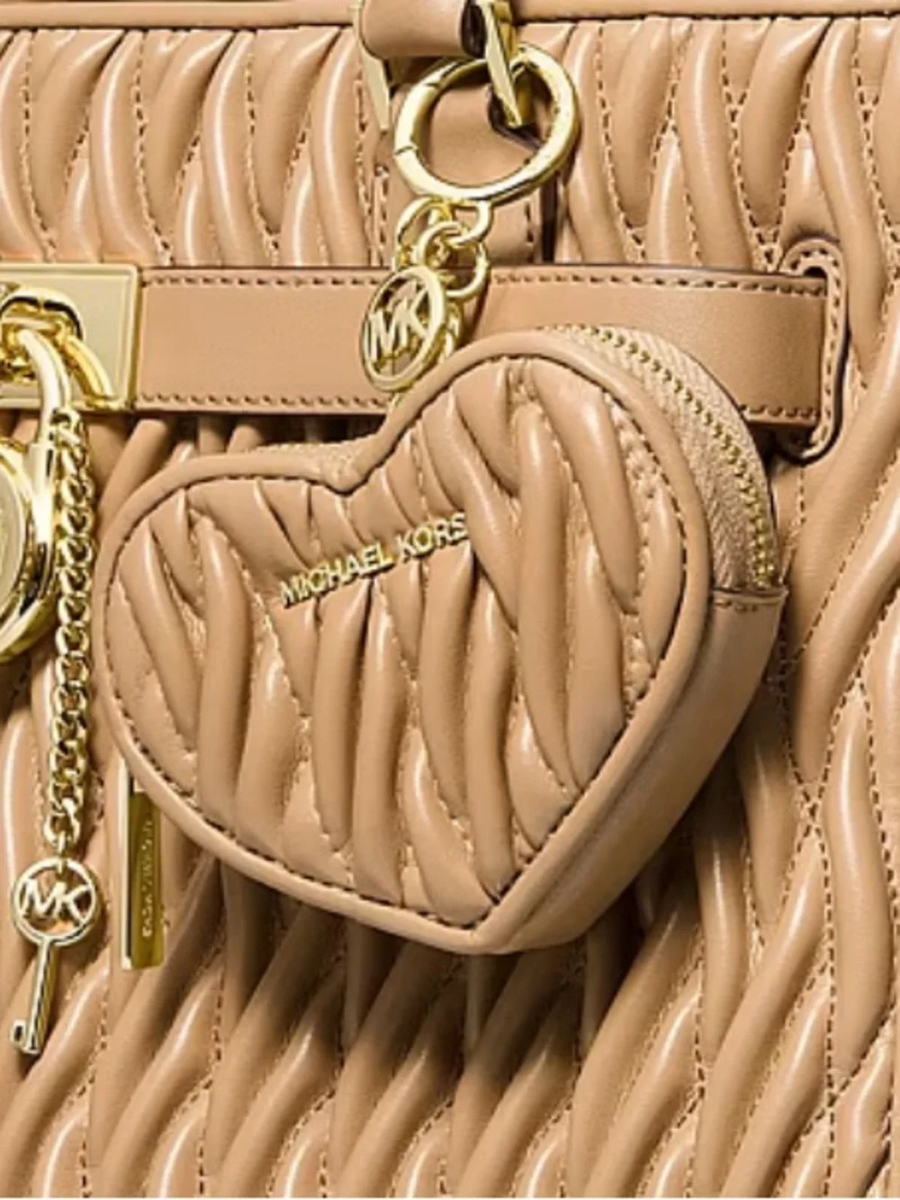 Michael Kors Tan Quilted Heart Keyring Coin Pouch Matelassé Bag Charm